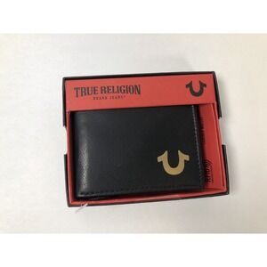 NEW True Religion‎ Black Leather Bifold Wallet Men Gold Logo Box